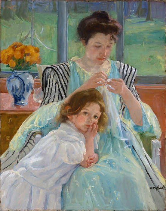 玛丽·卡萨特(Mary Cassatt)–缝制年轻母亲油画作品