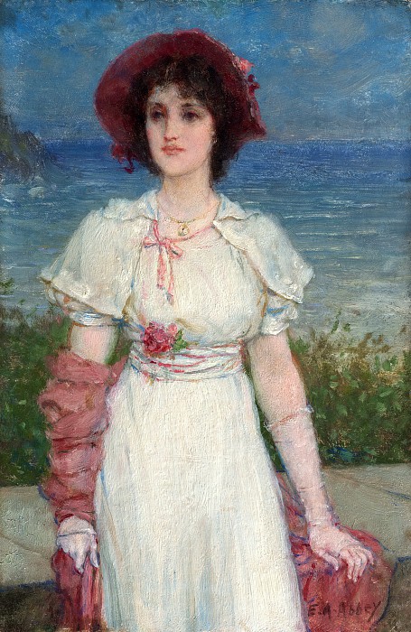 艾德文·奥斯汀·艾比（Edwin Austin Abbey）–海边的白色少妇油画