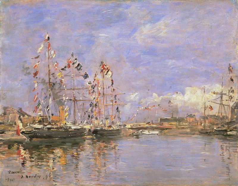 欧仁·布丁（EugèneBoudin）–多维尔，内港的旗帜船油画