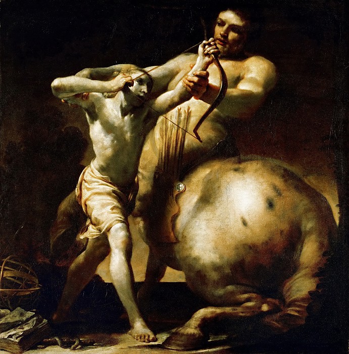 朱塞佩·玛丽亚·克雷斯皮（ Giuseppe Maria Crespi）–半人马巨龙凯龙教年轻阿喀琉斯射箭油画