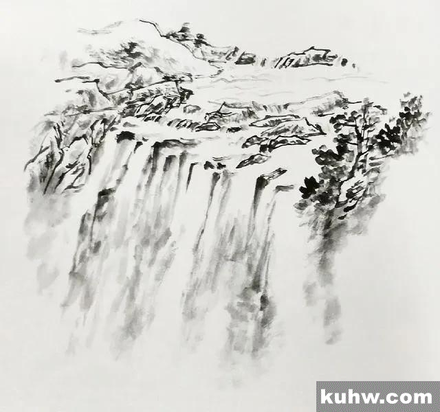 山水国画教程：写意​《幽谷飞瀑》