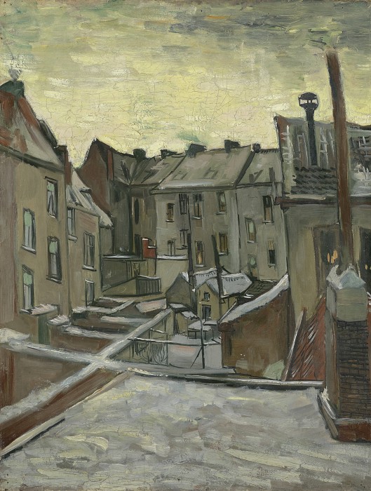 文森特·梵高（Vincent van Gogh）–1885年，雪中安特卫普的老房子后院油画