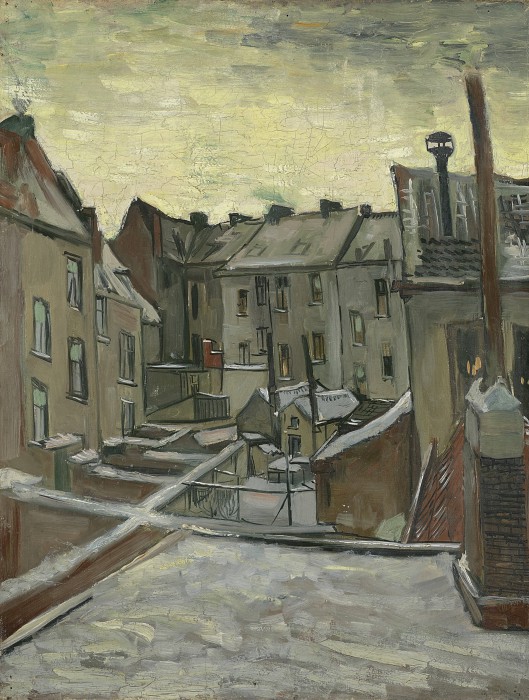 文森特·梵高(Vincent van Gogh)–1885年,雪中安特卫普的老房子后院油画