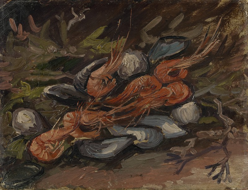 文森特·梵高（Vincent van Gogh）–1886年，贻贝和虾静物画油画