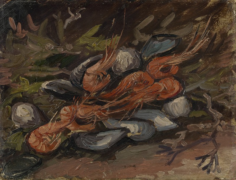 文森特·梵高(Vincent van Gogh)–1886年,贻贝和虾静物画油画