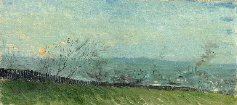 文森特·梵高（Vincent van Gogh） –1887年，从月光下的山坡看工厂油画