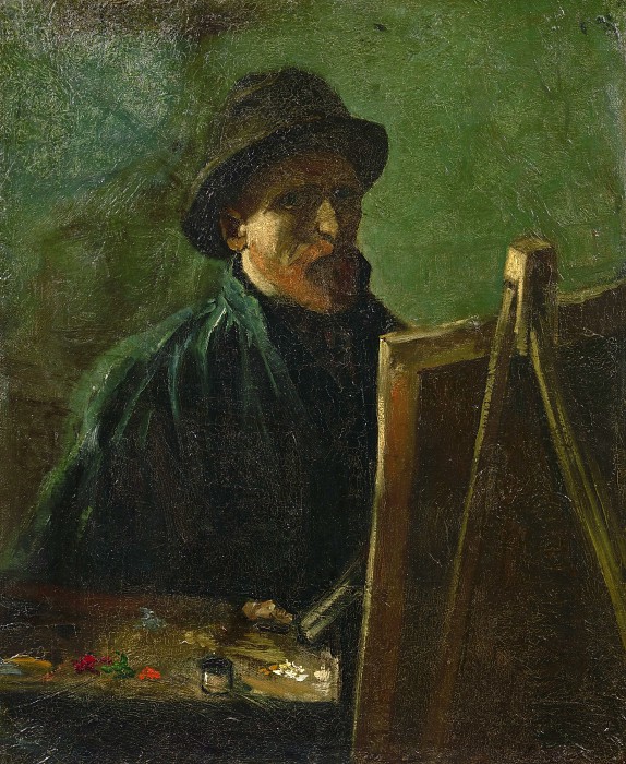 文森特·梵高（Vincent van Gogh） –1886年，画架上的毡帽自画像油画