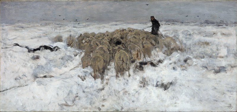 安东·莫夫（ Anton Mauve） –群羊与雪地里的牧羊人油画
