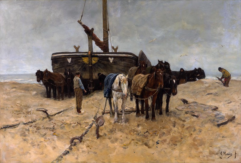 安东·莫夫 –海滩上的渔船油画