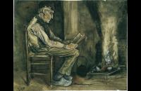 文森特·梵高作品–《农夫坐在炉边看书》油画