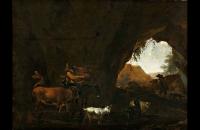 尼古拉斯·贝赫姆（ Nicolaes Berchem）油画作品 –与牧羊人和牛一起的洞穴 1654