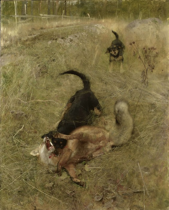 布鲁诺·利列佛斯（ Bruno Liljefors） –瑞典猎狐犬和狐狸油画