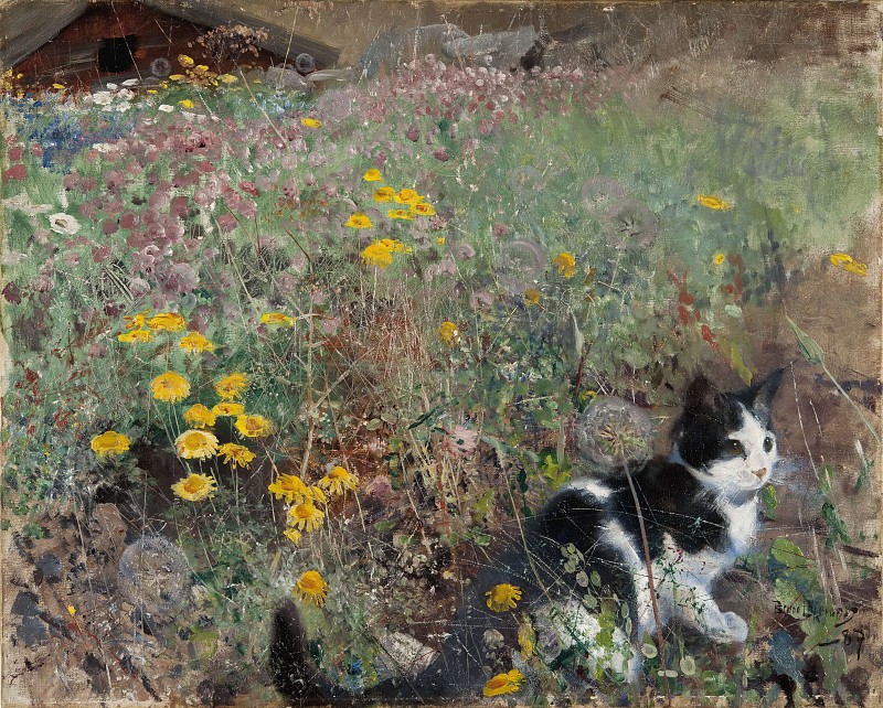 布鲁诺·利耶佛斯（ Bruno Liljefors） –花草草甸上的猫油画