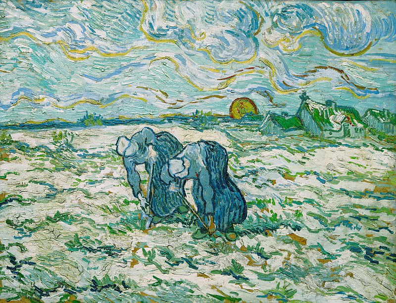 文森特·梵高 (Vincent van Gogh)–1890年,在田野里挖的两名农民妇女油画