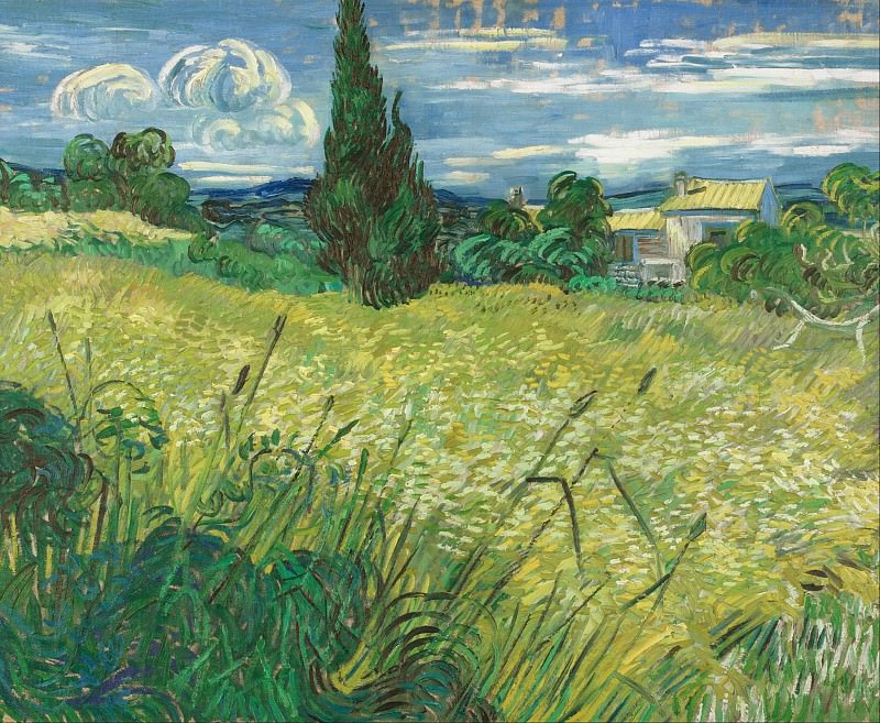 文森特·梵高（Vincent van Gogh） –1889年,柏树,绿色麦田油画