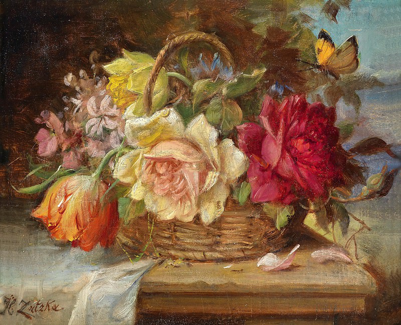 汉斯·扎特斯卡（Hans Zatska）-篮鲜花和蝴蝶油画