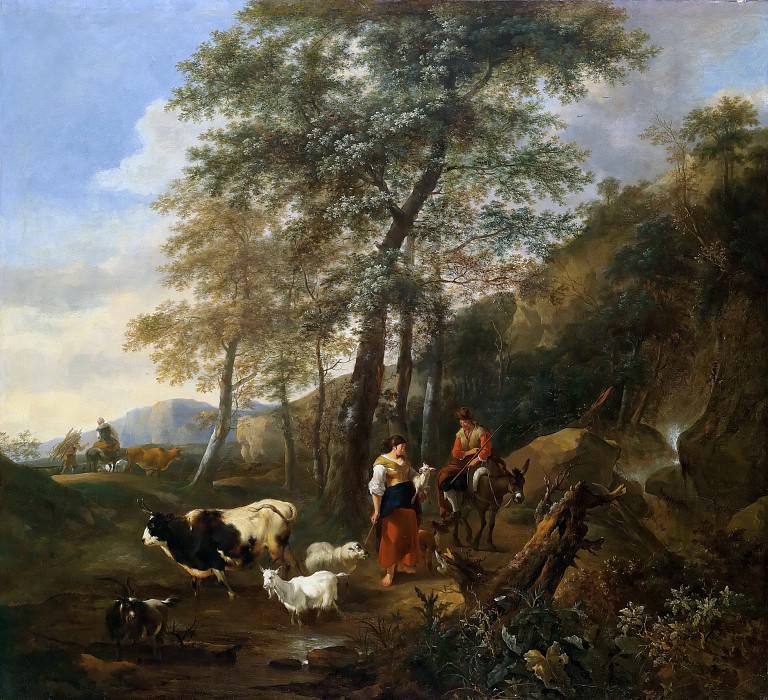 尼古拉斯·贝赫姆（ Nicolaes Berchem） -树木茂密的乡村风景 作品下载