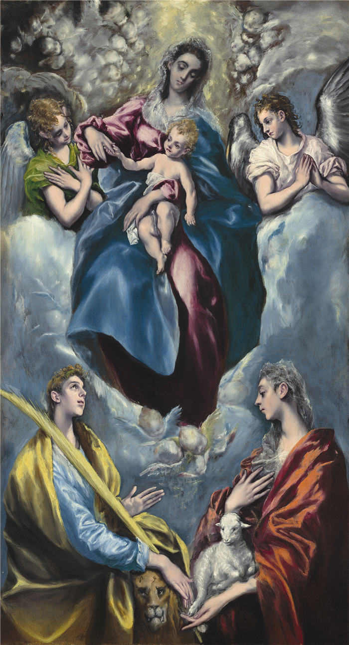 埃尔·格列柯（Domenikos Theotokopoulos）-圣母与圣玛蒂娜与圣阿格尼丝的孩子 1599. 作品下载