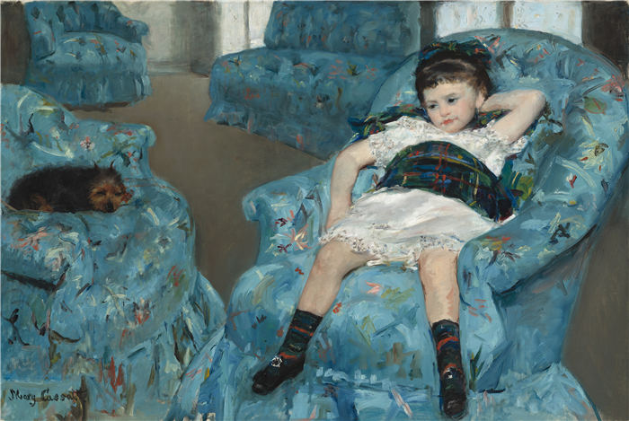 前500幅世界名画-玛丽·卡萨特（Mary Cassatt）–小女孩穿着蓝色扶手椅