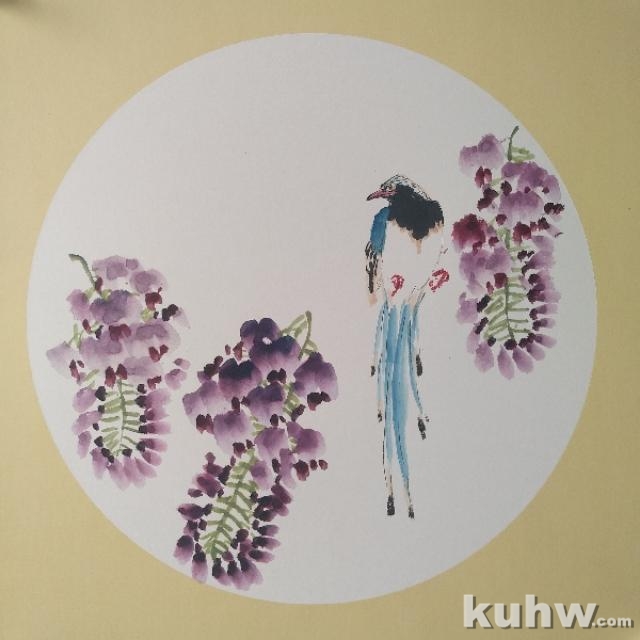 《紫云》——红嘴蓝鹊和紫藤的画法