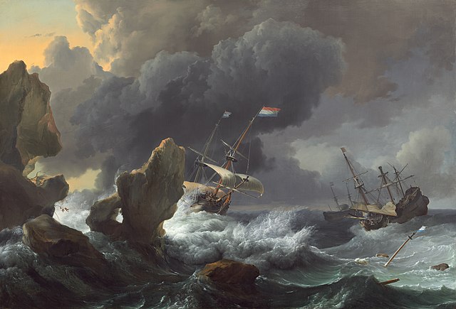 鲁道夫·巴克惠曾（Ludolf Bakhuizen）-船在多岩石的海岸遇险中作品下载