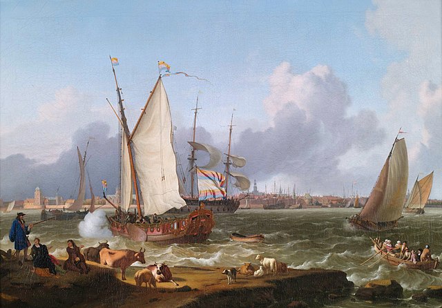 鲁道夫·巴克惠曾（Ludolf Bakhuizen）-在埃姆登的道路上的荷兰船只，作品下载