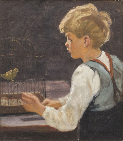 克里斯蒂安·艾根斯  （Christian Aigens）-一个有金丝雀的男孩 油画作品