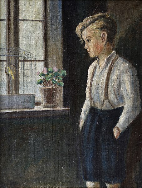 克里斯蒂安·艾根斯  （Christian Aigens）-男孩站在窗前 油画作品高清下载