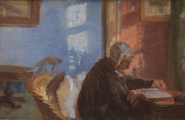 安娜·安切尔（Anna Ancher）-艺术家的母亲在蓝色的房间里 高清油画作品下载