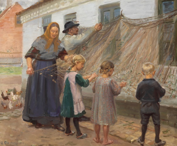 安娜·安切尔（Anna Ancher）-解开渔网 高清油画下载