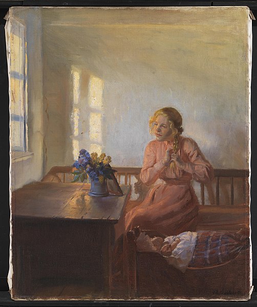 安娜·安切尔（Anna Ancher）-一个年轻女孩编辫子高清油画作品