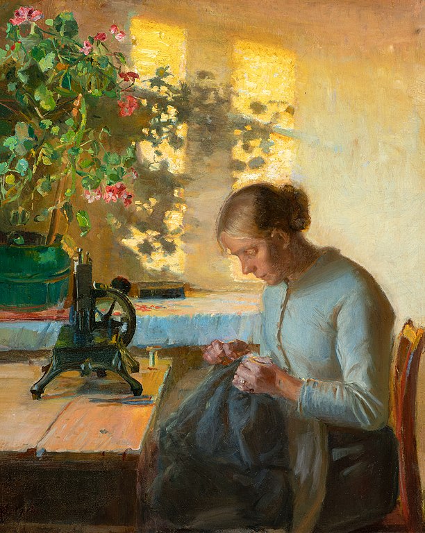 安娜·安切尔（Anna Ancher）-缝制渔夫的妻子 高清油画下载