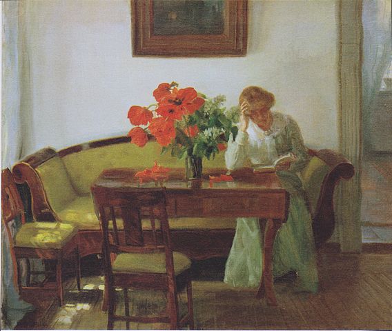 安娜·安切尔（Anna Ancher）-室内装饰着罂粟和读书的女人 作品下载