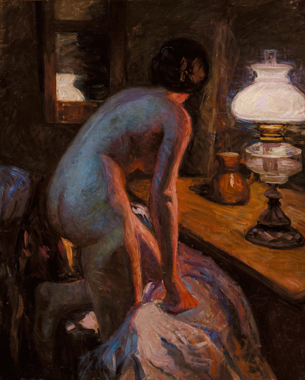 丹麦画家克里斯蒂安·艾根斯  （Christian Aigens）-一个模特在灯光下转过身来 油画作品