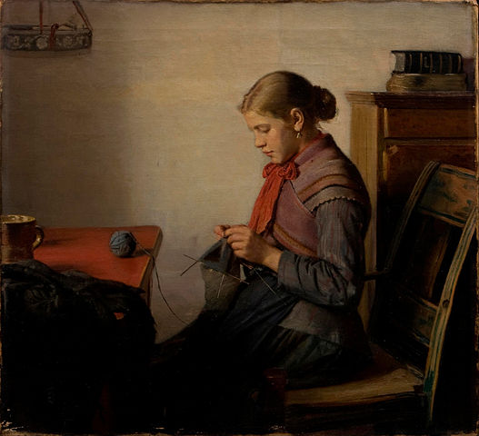 迈克尔·安彻（Michael Ancher）-Skagen女孩，玛伦·索菲（Maren Sofie），编织 油画