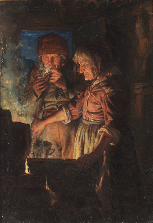 迈克尔·安彻（Michael Ancher）-拉斯·盖伊德和他的妻子在壁炉旁 高清下载