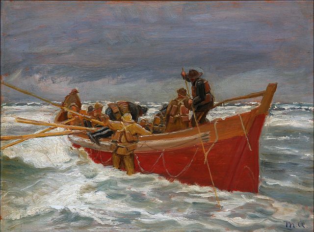 迈克尔·安彻（Michael Ancher）-红色救生艇驶向目的地 油画高清