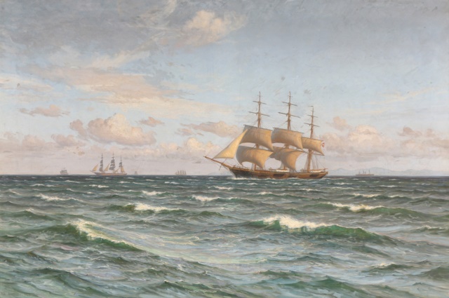 维尔赫姆·阿内森  （Vilhelm Arnesen）-海景，训练船 油画