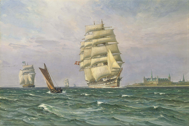 维尔赫姆·阿内森  （Vilhelm Arnesen）-丹麦克朗堡城堡旁的Soundjammer油画