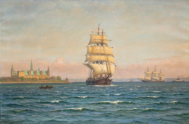 维尔赫姆·阿内森  （Vilhelm Arnesen）-帆船和轮渡在克伦堡附近 油画作品