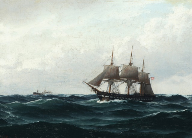 卡尔·巴格 （CarlBaagøe）-海景与帆船和汽船 油画作品