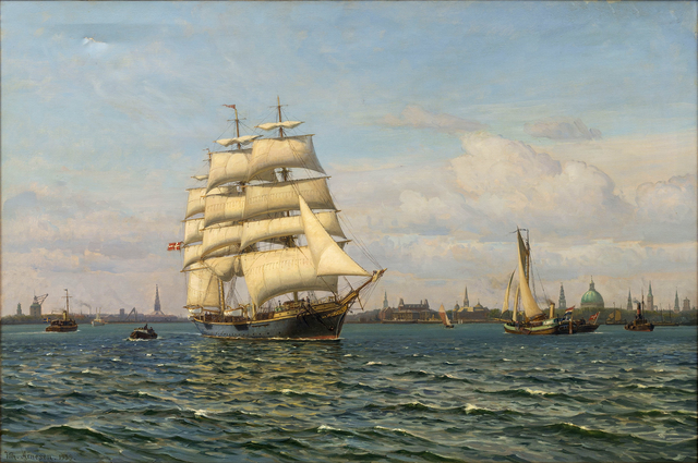 维尔赫姆·阿内森  （Vilhelm Arnesen）-训练船向哥本哈根海港行驶 油画