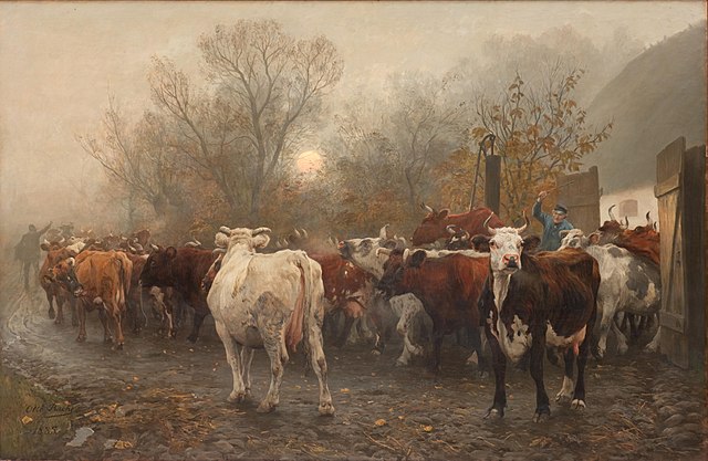 奥托·巴奇（Otto Bache）-将牛赶出牛棚 油画作品