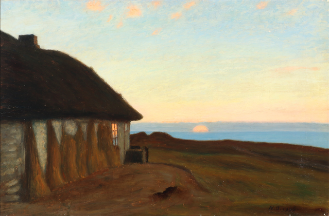 尼尔斯·比耶尔（Niels Bjerre）-在荒野上俯瞰水的房屋 油画作品