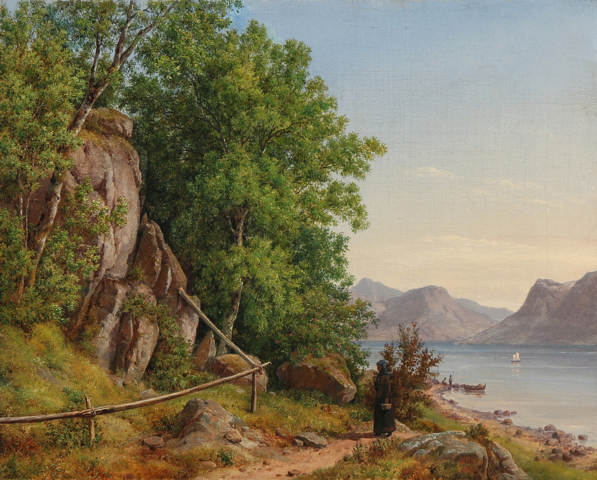 奥古斯特·威廉·波森（August Wilhelm Boesen）-来自意大利的高山湖泊 油画作品