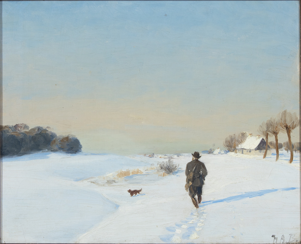 哈·布朗德基尔德  （HA Brendekilde）-猎人和狗的冬季风景 油画