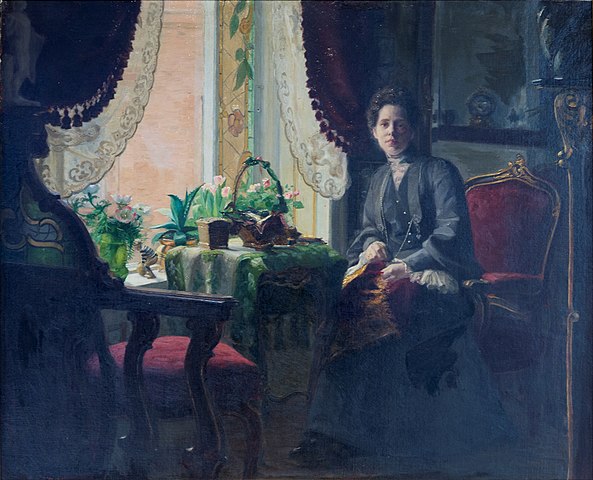 哈·布朗德基尔德  （HA Brendekilde）-女子坐在屋里 油画高清下载