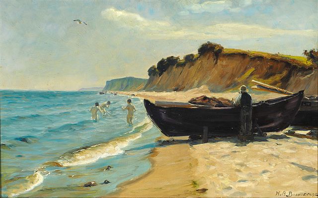 哈·布朗德基尔德  （HA Brendekilde）-夏日里的海滩，男孩在洗澡，渔夫在船上 作品下载