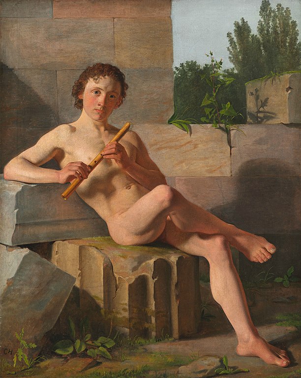 康斯坦丁·汉森（Constantin Hansen）--演奏长笛的男模特油画高清下载