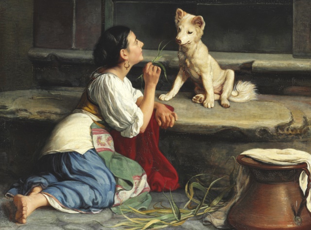 阿克塞尔·赫尔斯特（Axel Helsted）-一名年轻的意大利妇女和狗一起玩油画